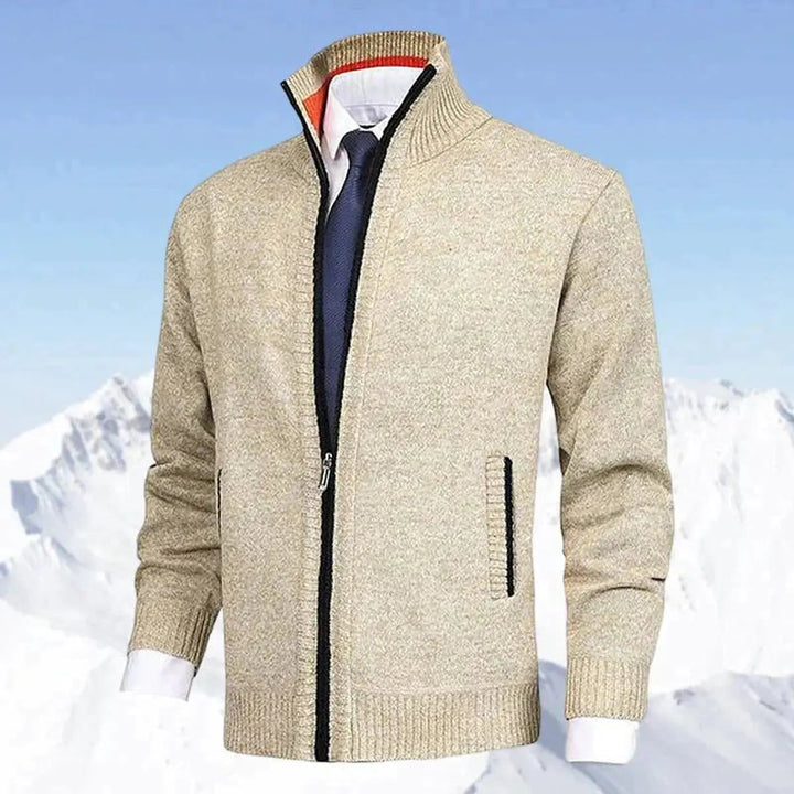 Men's warm fleece-lined zip cardigan with a stand collar, perfect for cool weather layering.