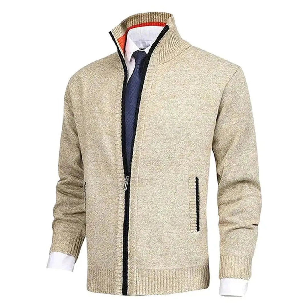 Stylish men's stand collar zip-up cardigan, a comfortable and versatile casual sweater.