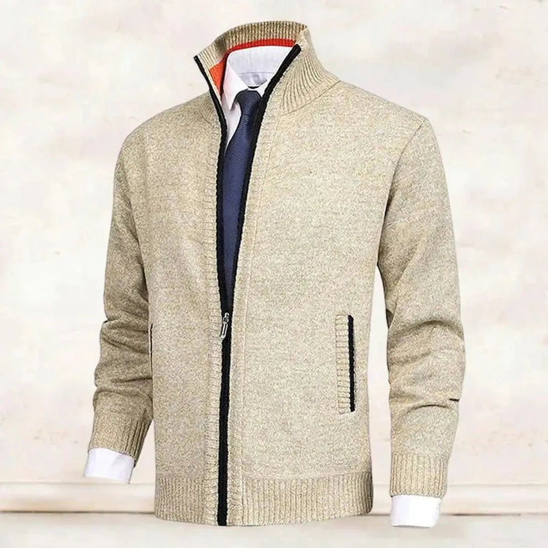 Close-up of the textured fleece-lined fabric on a men's warm zip cardigan.