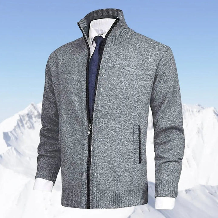 Men's casual zip cardigan with a cozy stand collar and soft fleece lining for ultimate comfort.