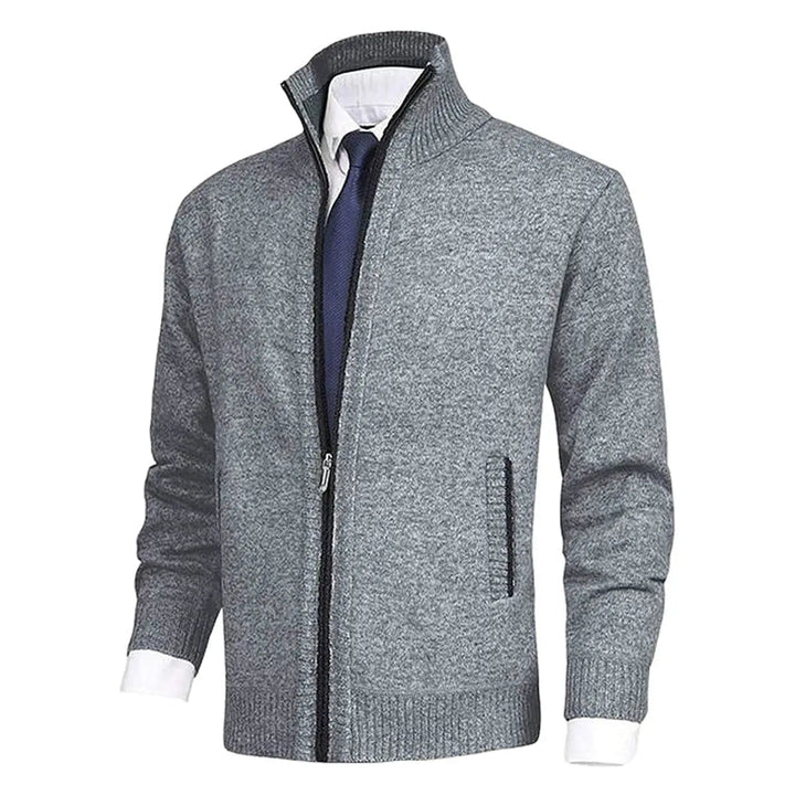 Model wearing a comfortable men's zip-up cardigan, a stylish layering piece for cool weather.