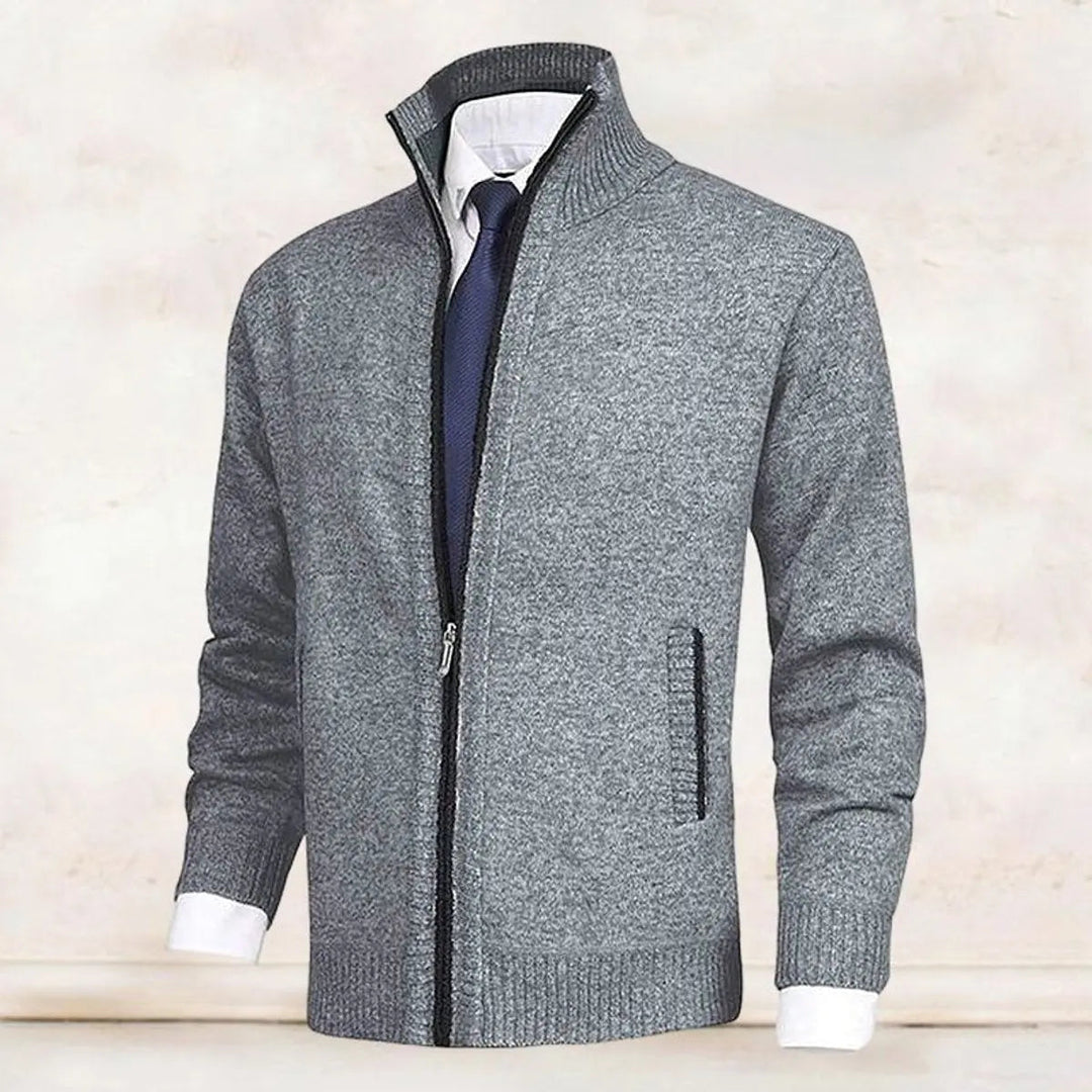 Versatile men's stand collar cardigan, ideal as outerwear or a warm layering piece.