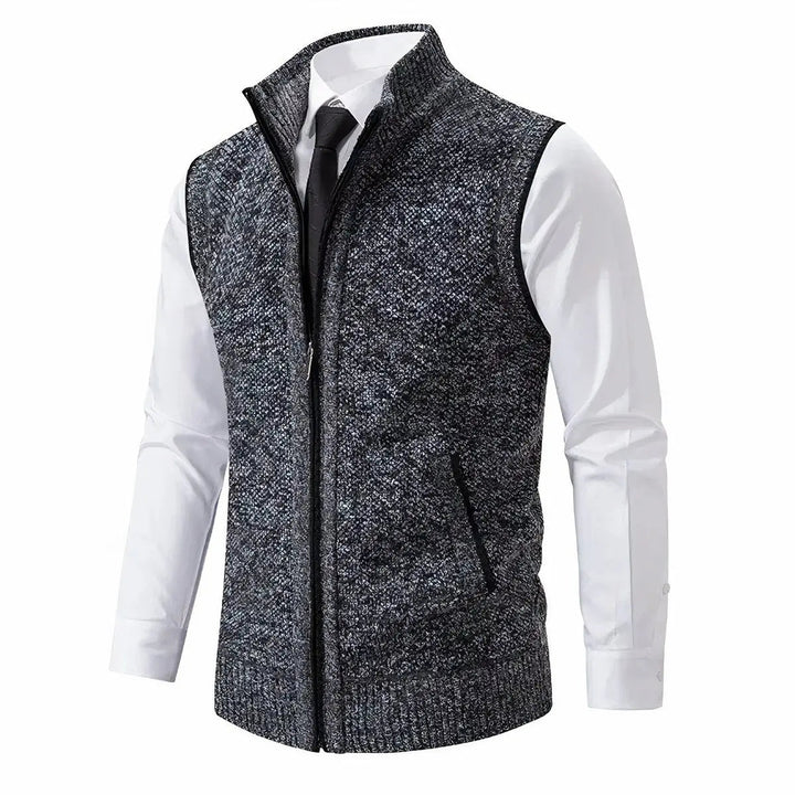 Men's zip-up sleeveless cardigan sweater vest in a smart casual style, perfect for layering and office wear.