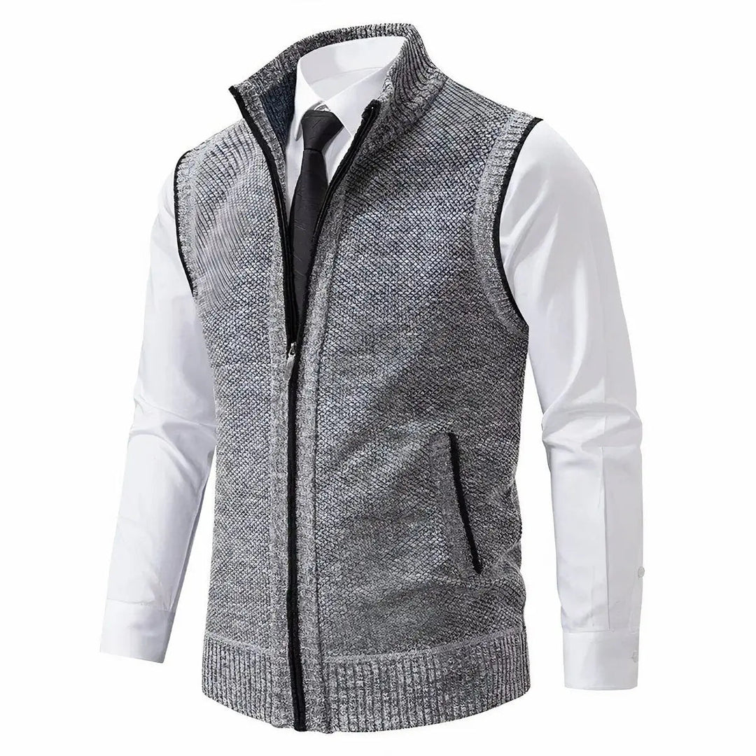 Textured men's zip-up sweater vest, ideal for smart casual layering or professional office attire. Versatile fashion.
