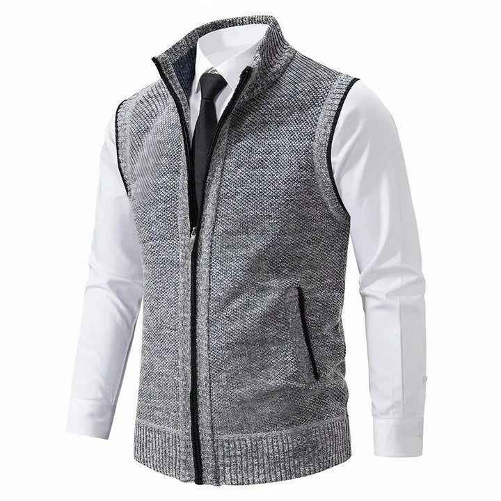 Textured men's zip-up sweater vest, ideal for smart casual layering or professional office attire. Versatile fashion.