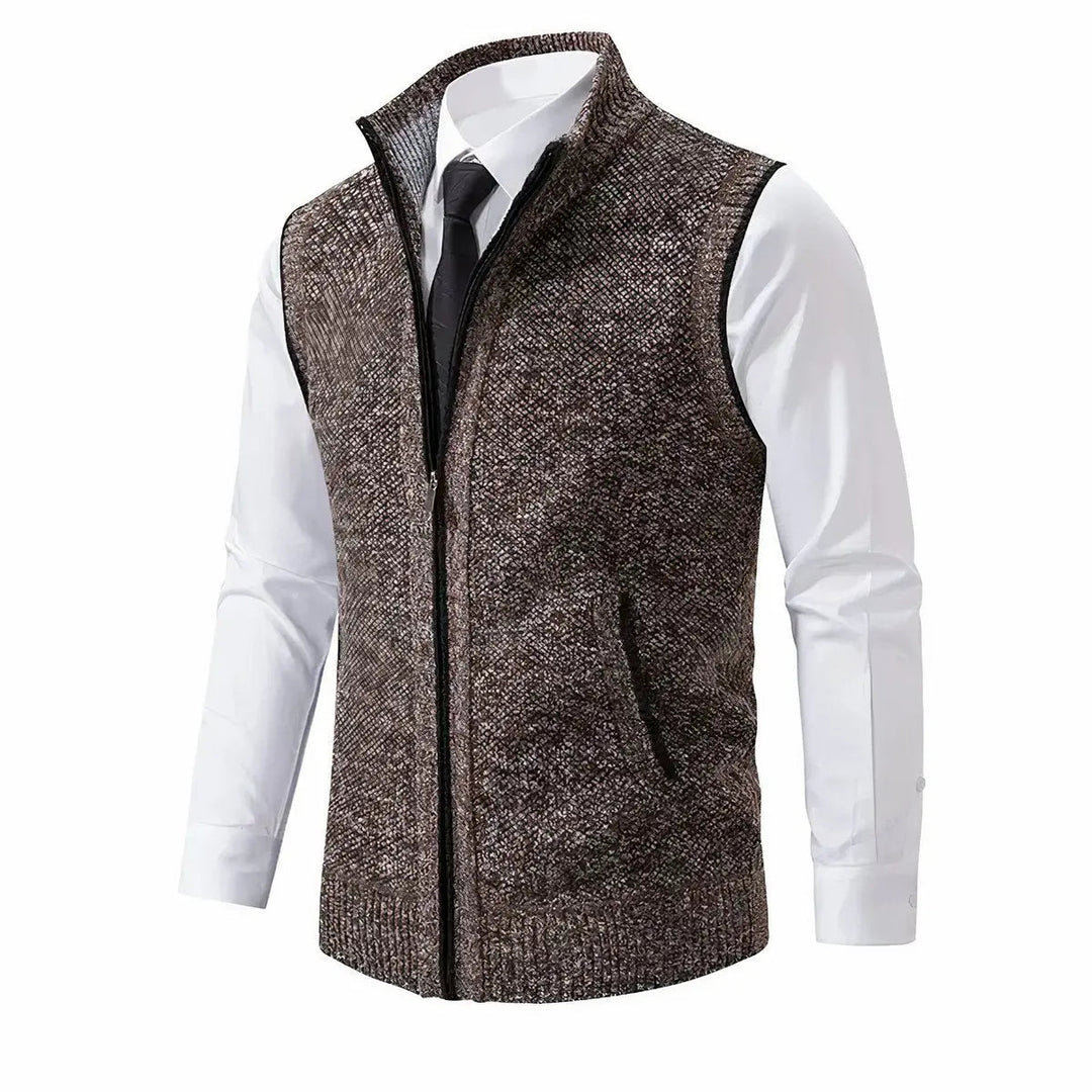 Versatile men's sleeveless zip-up sweater vest for smart casual outfits & office wear. Ideal for cool weather layering.
