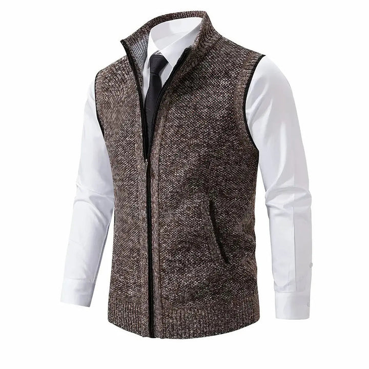 Versatile men's sleeveless zip-up sweater vest for smart casual outfits & office wear. Ideal for cool weather layering.