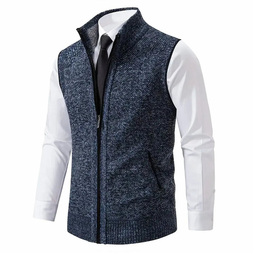 Comfortable men's sleeveless zip-up cardigan sweater vest for smart casual layering, perfect for office and cool weather.