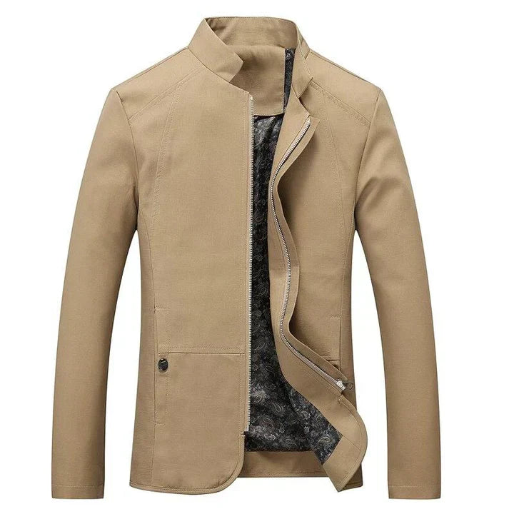 Stylish men's lightweight slim-fit jacket, zip-up design with band collar. Versatile outerwear for everyday.
