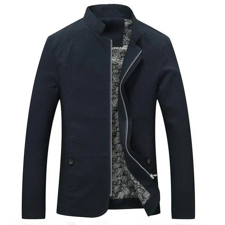 Casual men's zip-up jacket, lightweight & slim-fit with a sharp band collar. Essential outerwear for men.