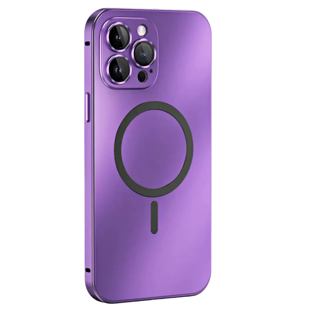 Protective corner detail of magnetic metal iPhone case, ensuring drop resistance & slim profile.