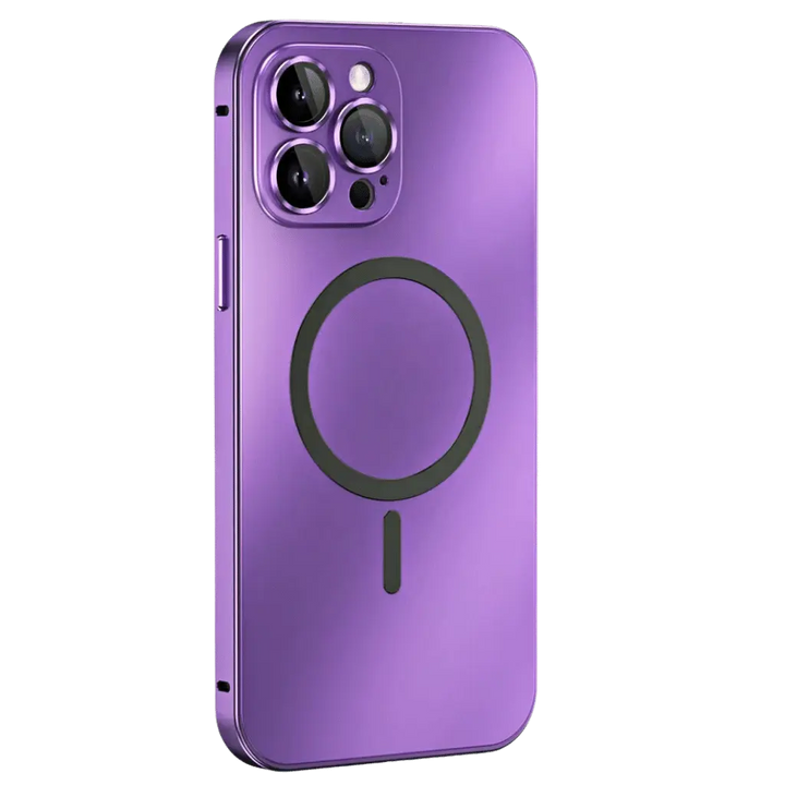 Protective corner detail of magnetic metal iPhone case, ensuring drop resistance & slim profile.