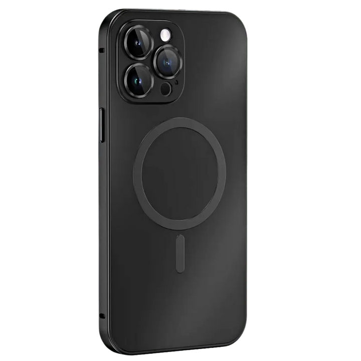 Precise cutouts on slim magnetic metal iPhone case for easy access to ports and buttons.