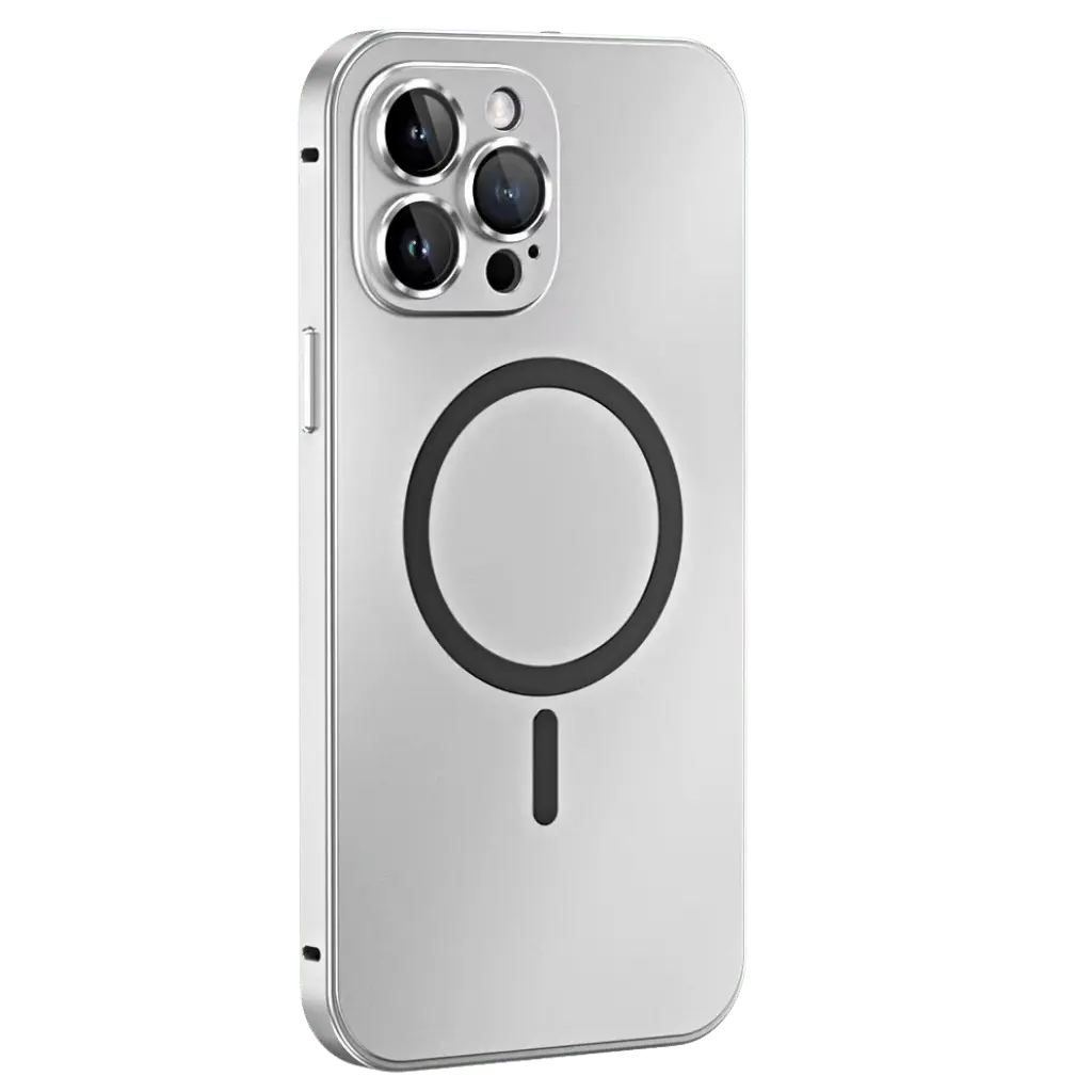 Unisex magnetic metal iPhone case, sleek aluminum frame for ultimate protection & MagSafe compatibility.