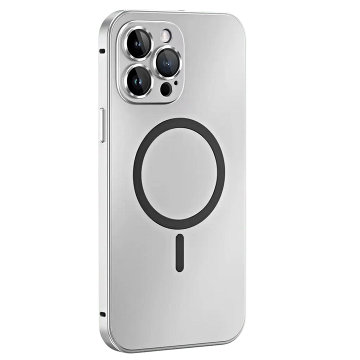 Unisex magnetic metal iPhone case, sleek aluminum frame for ultimate protection & MagSafe compatibility.