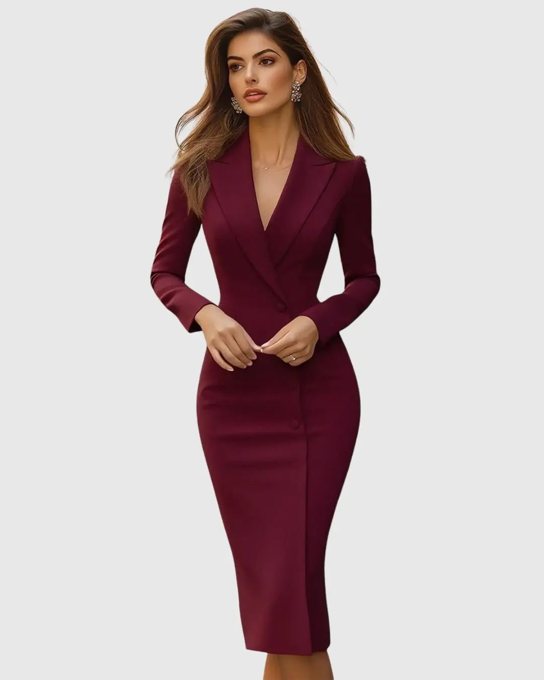 Chic long-sleeve midi blazer dress for women, ideal for professional and elegant wear.