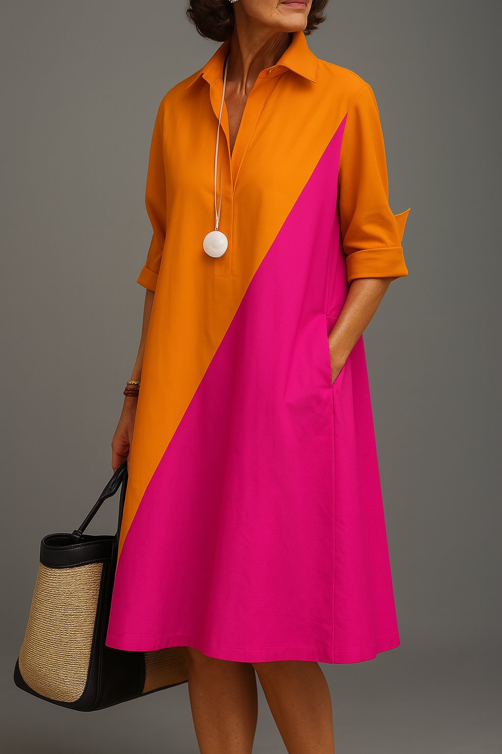 Women's colourblock collared V-neck A-line midi dress. Elegant & versatile for spring/summer casual or day wear.