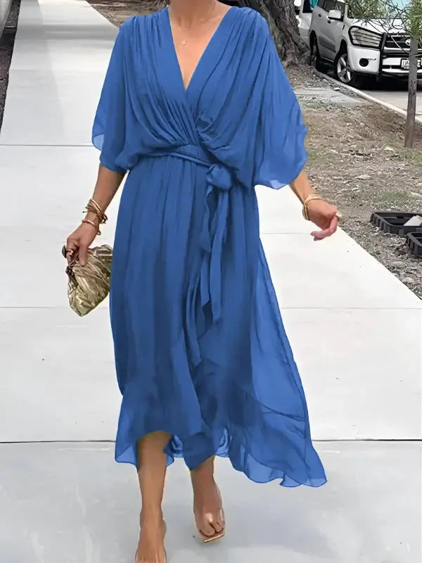 Chic midi wrap dress for women featuring a stylish V-neck, versatile for summer or special occasions.