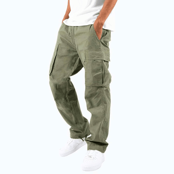 Close-up of practical pockets on men's comfortable cargo pants, showing detail.