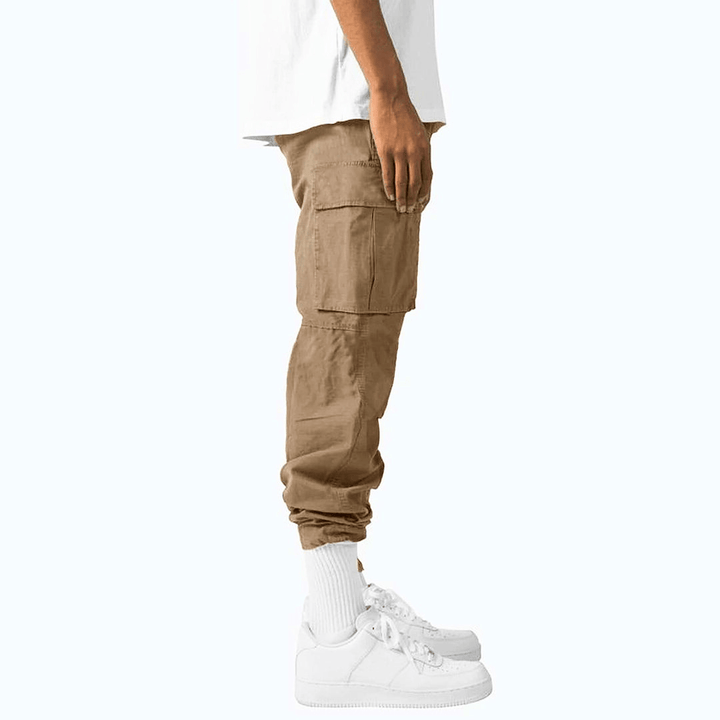 Men's comfortable cargo pants in a neutral color, perfect for everyday wear.