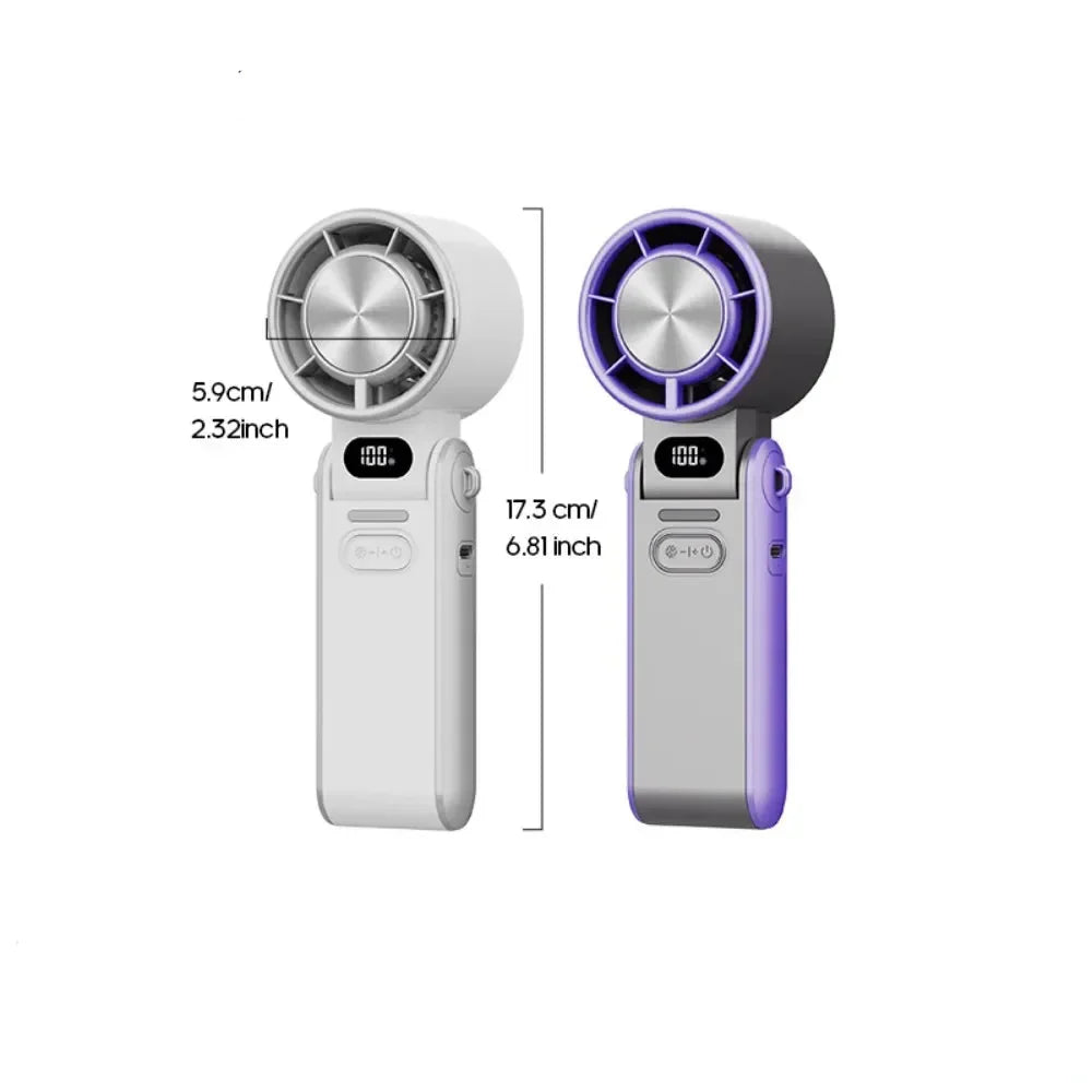 Mini handheld folding rechargeable fan, portable desk or neck use, compact and sleek design offers powerful, quiet cooling.