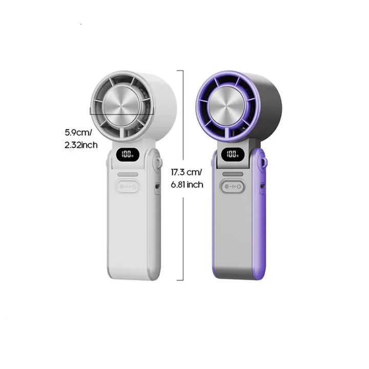 Mini handheld folding rechargeable fan, portable desk or neck use, compact and sleek design offers powerful, quiet cooling.