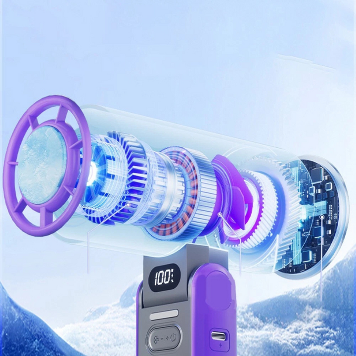 Mini handheld folding rechargeable fan, portable desk or neck use, compact and sleek design offers powerful, quiet cooling.