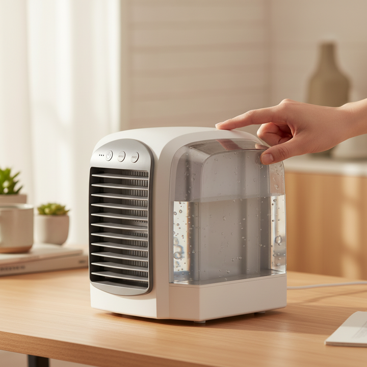 Mini oscillating portable air cooler fan, perfect for personal cooling on desk or dorm room.