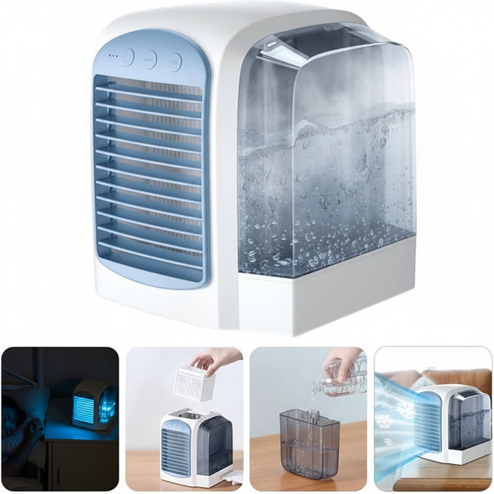 Compact personal air cooler fan, oscillating, great for home, dorm room, summer essential.