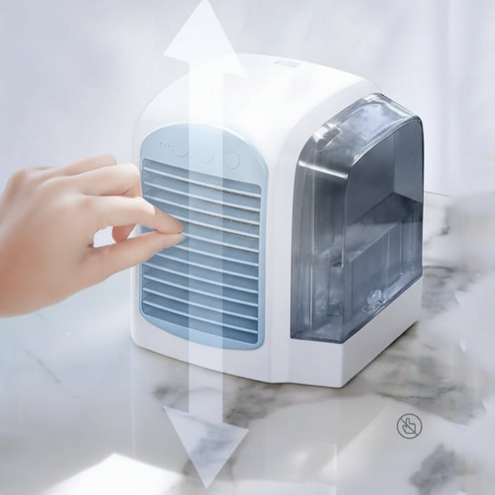 USB rechargeable mini fan with oscillating personal cooling & evaporative technology for desk use.