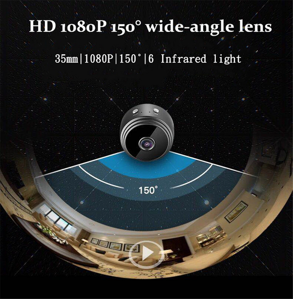 "Mini wireless IP camera in a sleek black aluminum body, offering HD quality, compact design, wide-angle view, and night visi