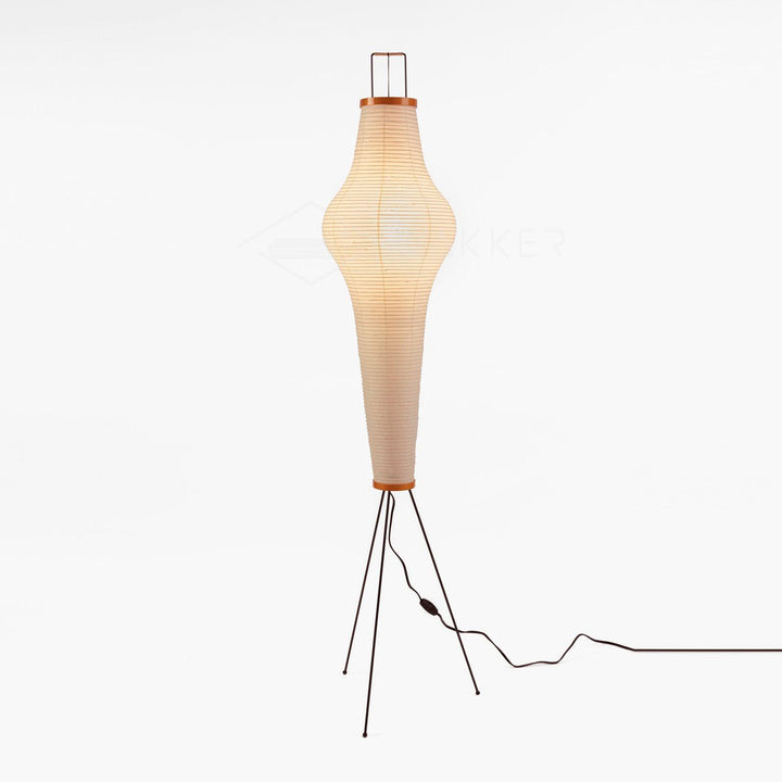 "Minimalist rice paper floor lamp with sleek metal frame and soft diffused light, perfect for creating a warm ambiance."