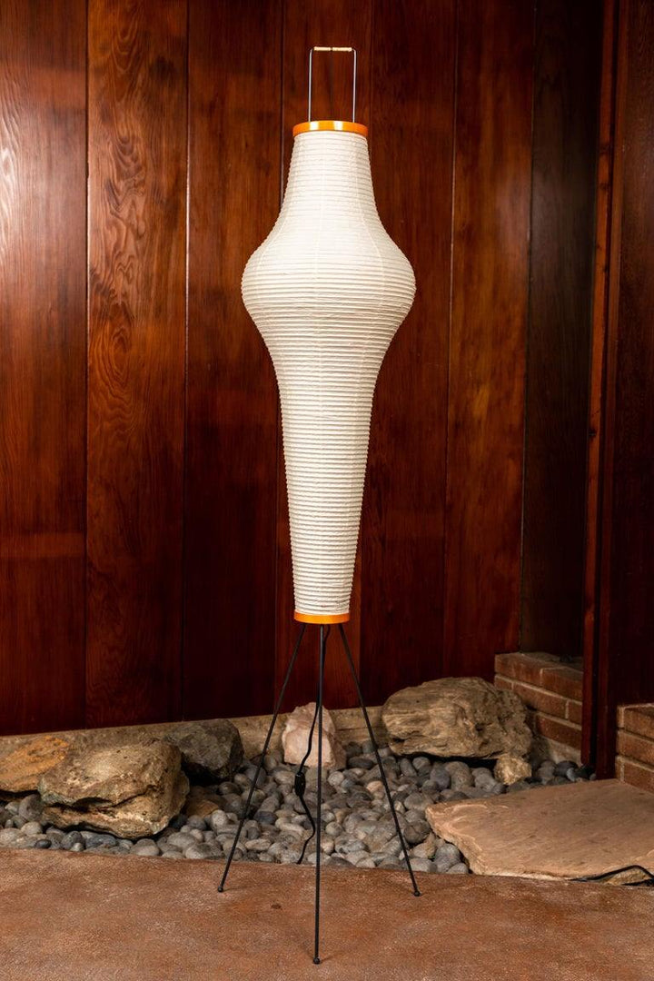 "Minimalist rice paper floor lamp with sleek metal frame and soft diffused light, perfect for creating a warm ambiance."