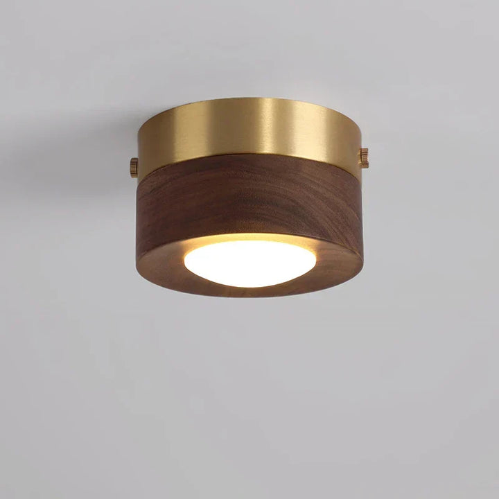 Minimalist round wooden LED ceiling light, walnut finish for modern home decor.
