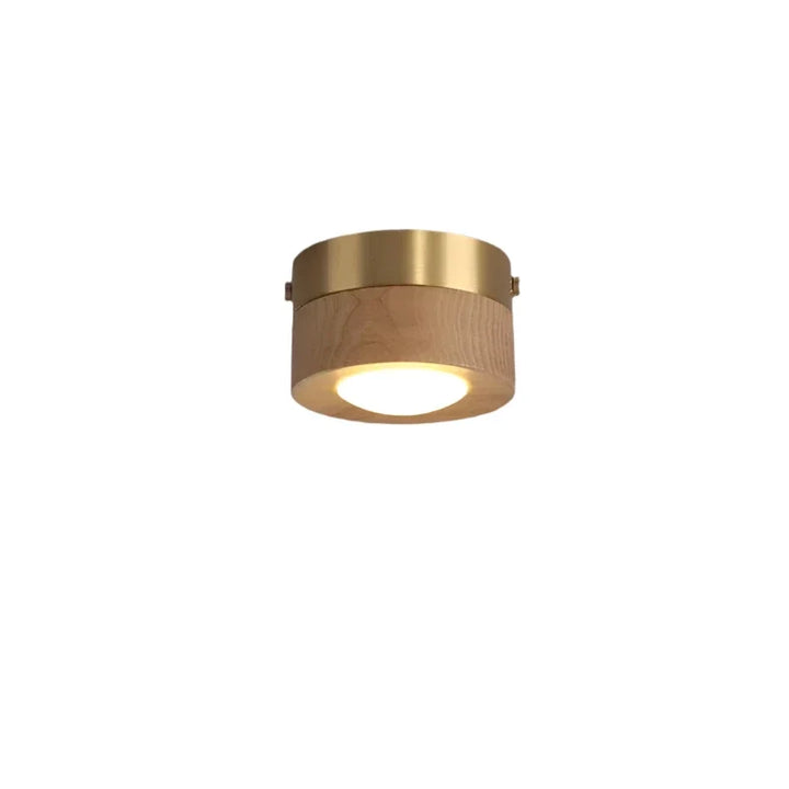 Energy-efficient LED ceiling light, natural walnut wood & minimalist round design.