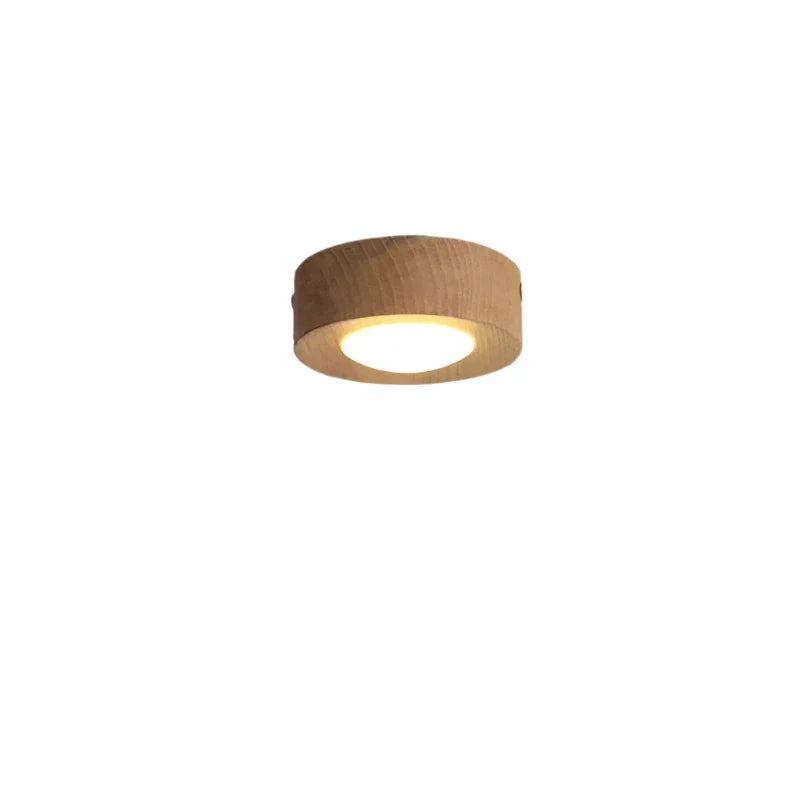 Modern round wooden LED ceiling lamp, ideal for bedrooms & hallways, ash or walnut.