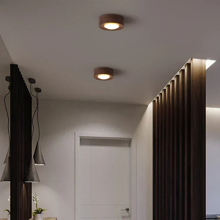 Round wooden LED ceiling light in walnut finish, energy-saving for bedroom/hallway decor.