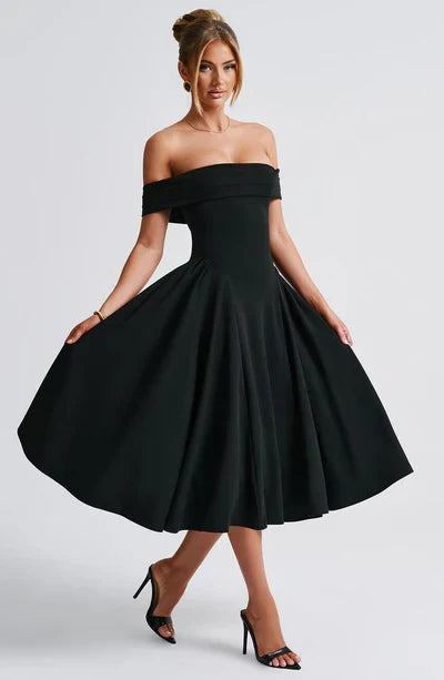Women's fashion off-shoulder pleated midi dress. Elegant design for wedding guests, parties, and special occasions.