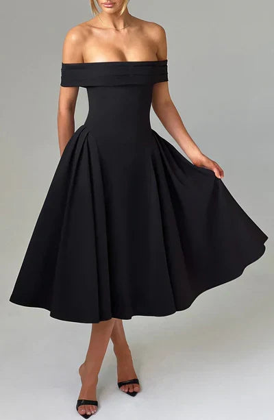 Elegant women's off-shoulder pleated midi dress. Ideal wedding guest, party, or evening cocktail dress for special occasions.