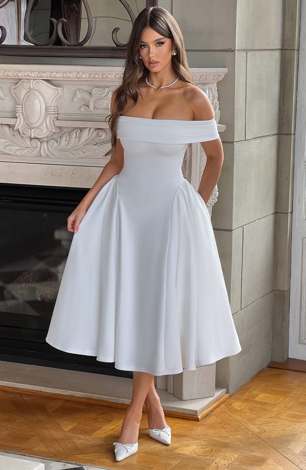 Chic women's off-shoulder pleated midi dress, an elegant choice for evening or cocktail parties. Flattering silhouette.