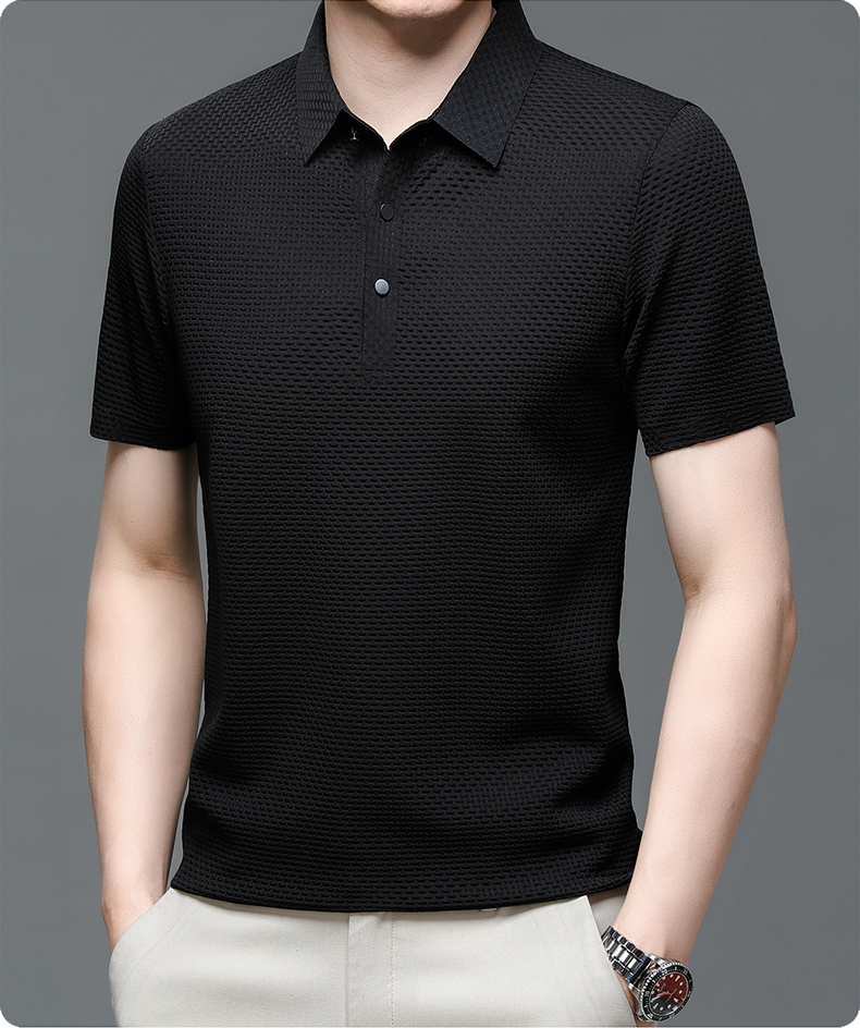 Breathable men's polo shirt, stylish button-up, short sleeve for summer casual comfort.