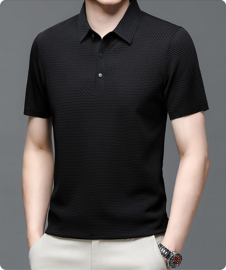 Breathable men's polo shirt, stylish button-up, short sleeve for summer casual comfort.