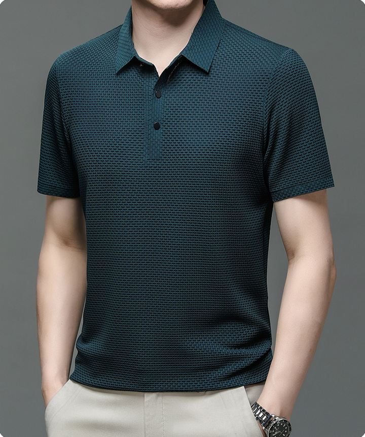 Stylish men's short sleeve button-up polo shirt. Breathable fabric for comfortable summer wear.