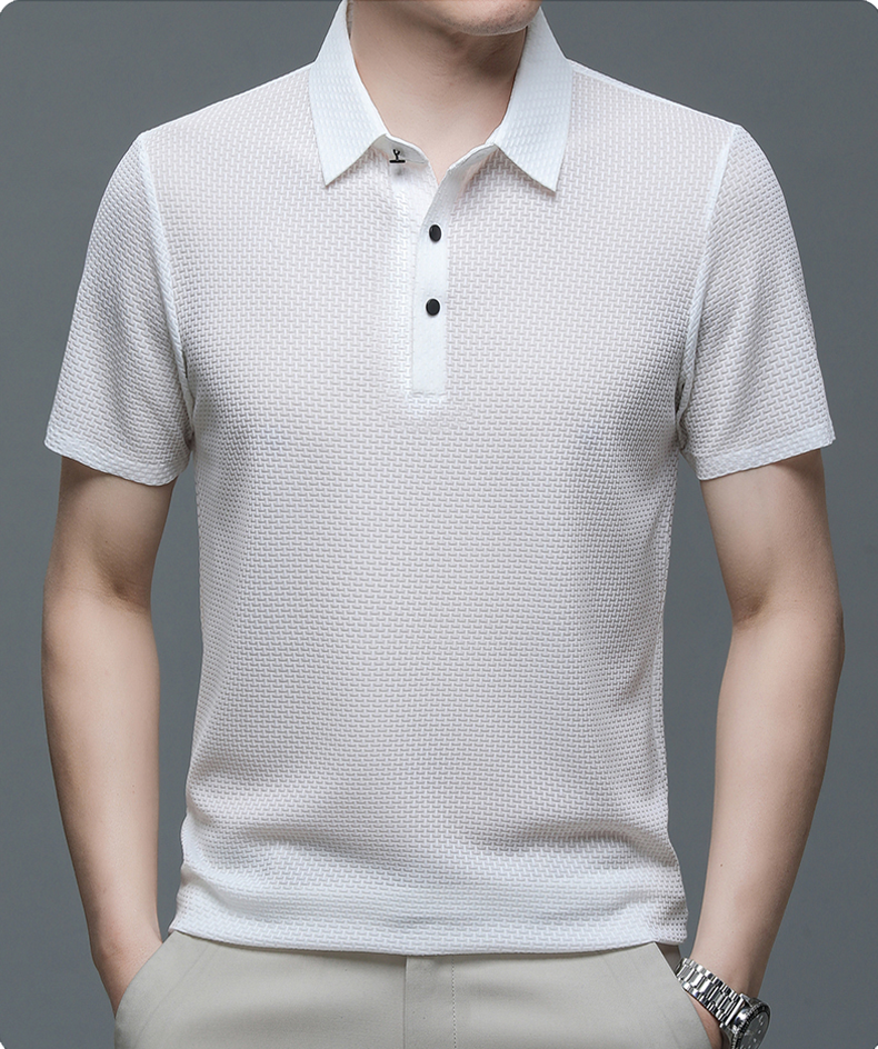 Full view of a men's stylish button-up polo shirt, offering breathable comfort for summer casual looks.