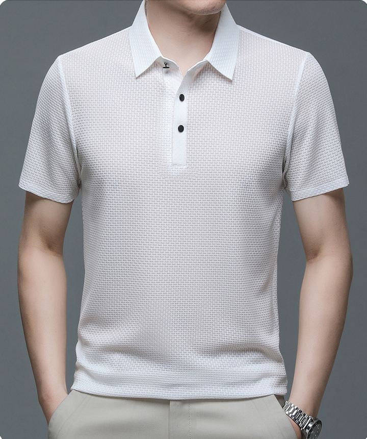 Full view of a men's stylish button-up polo shirt, offering breathable comfort for summer casual looks.