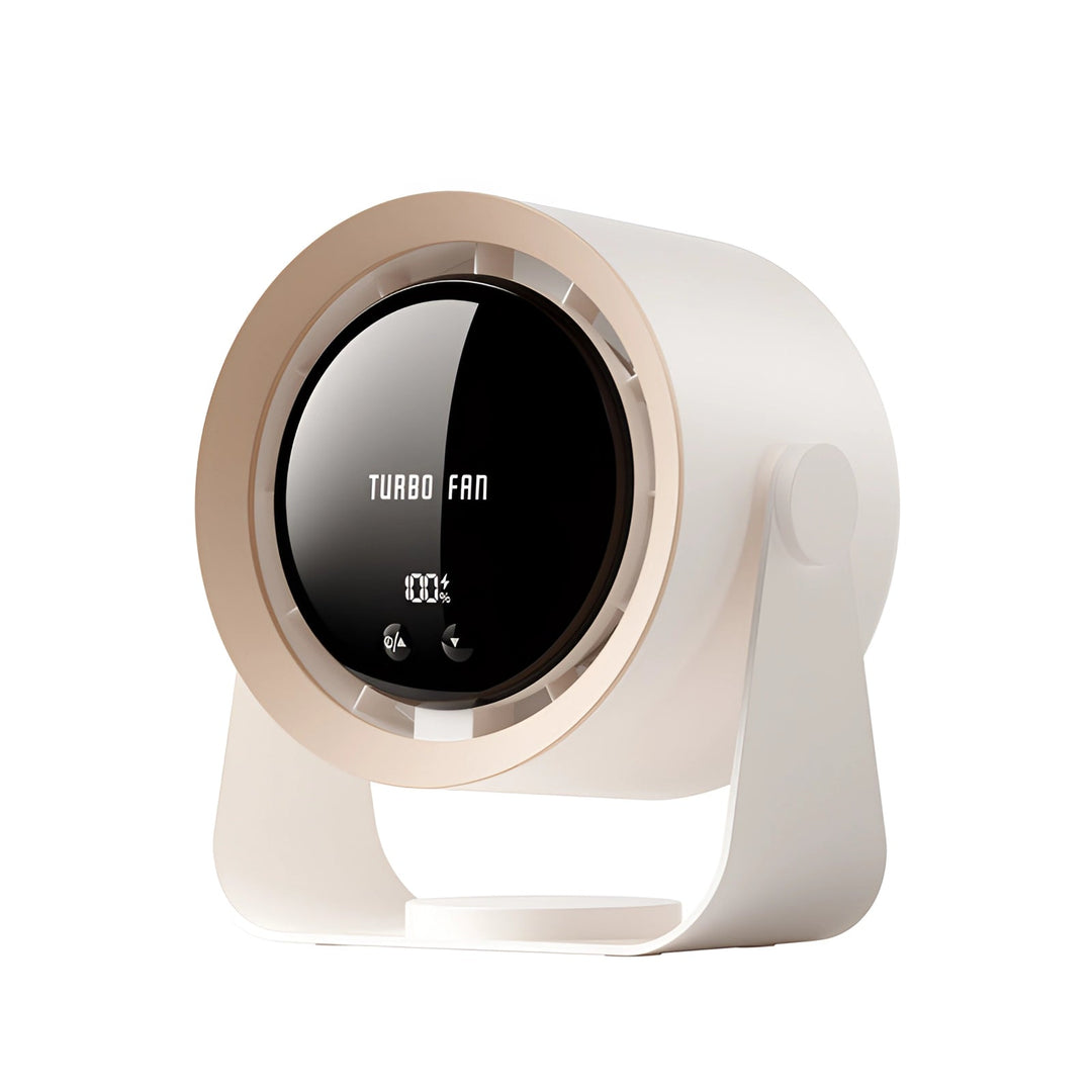 Portable bladeless desk fan with LED display, ideal for personal cooling in office or home.