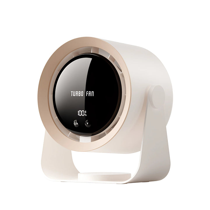 Portable bladeless desk fan with LED display, ideal for personal cooling in office or home.