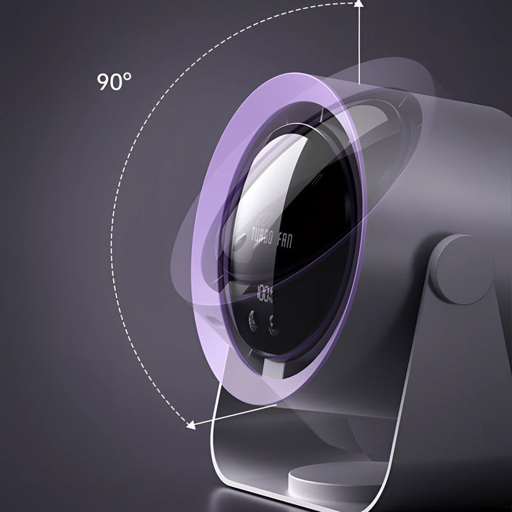 Sleek safety bladeless fan, compact design with LED display, provides quiet air circulation.