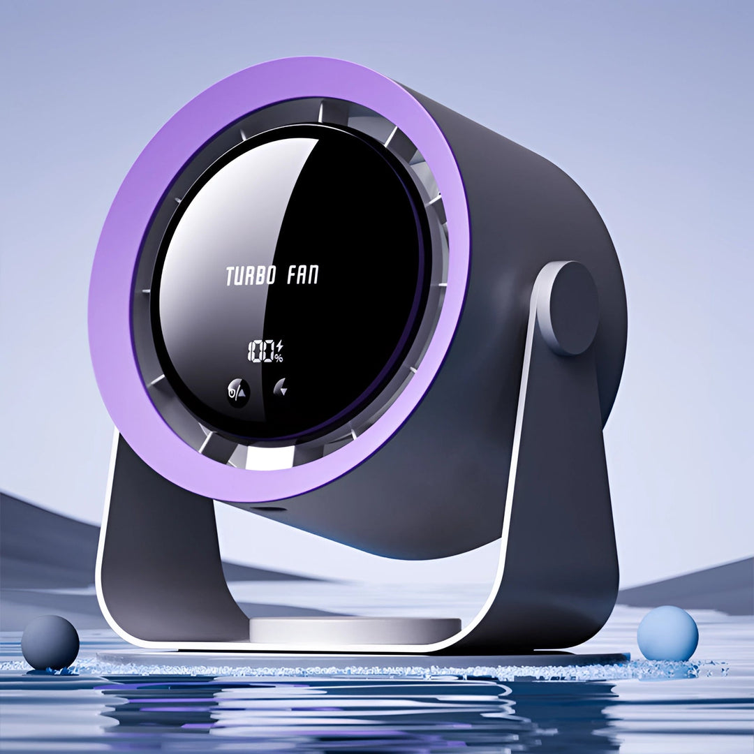 Home bladeless air circulator with clear LED display, ensures quiet and efficient cooling.