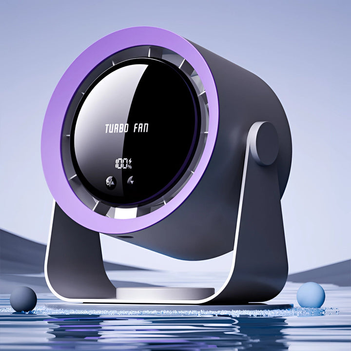 Home bladeless air circulator with clear LED display, ensures quiet and efficient cooling.